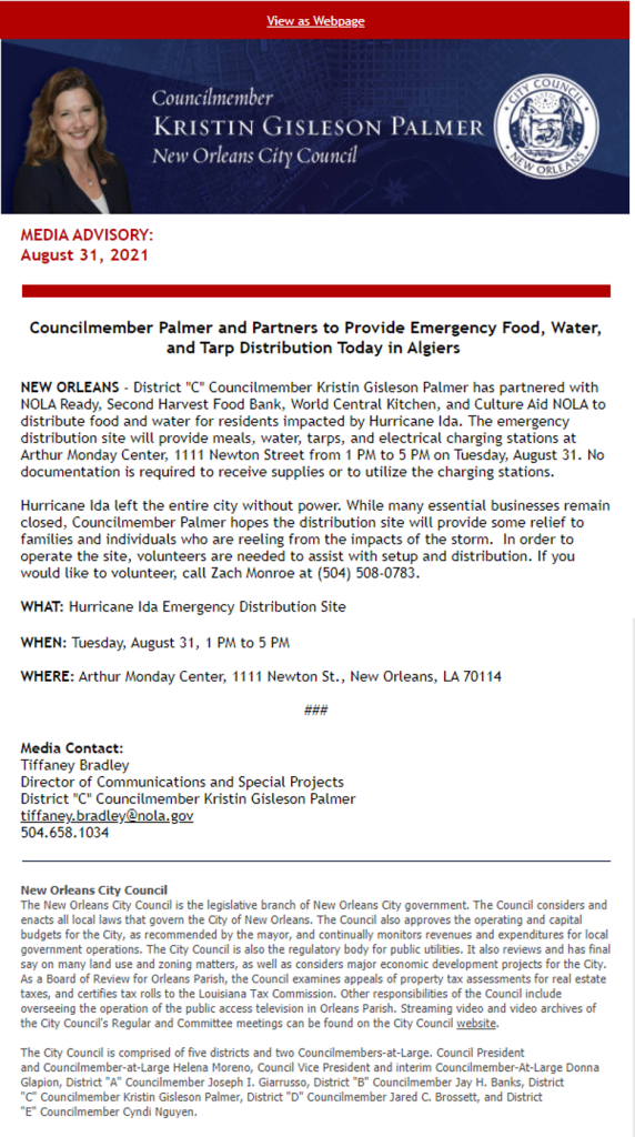 Councilmember Palmer and Partners to Provide Emergency Food, Water, and Tarp Distribution